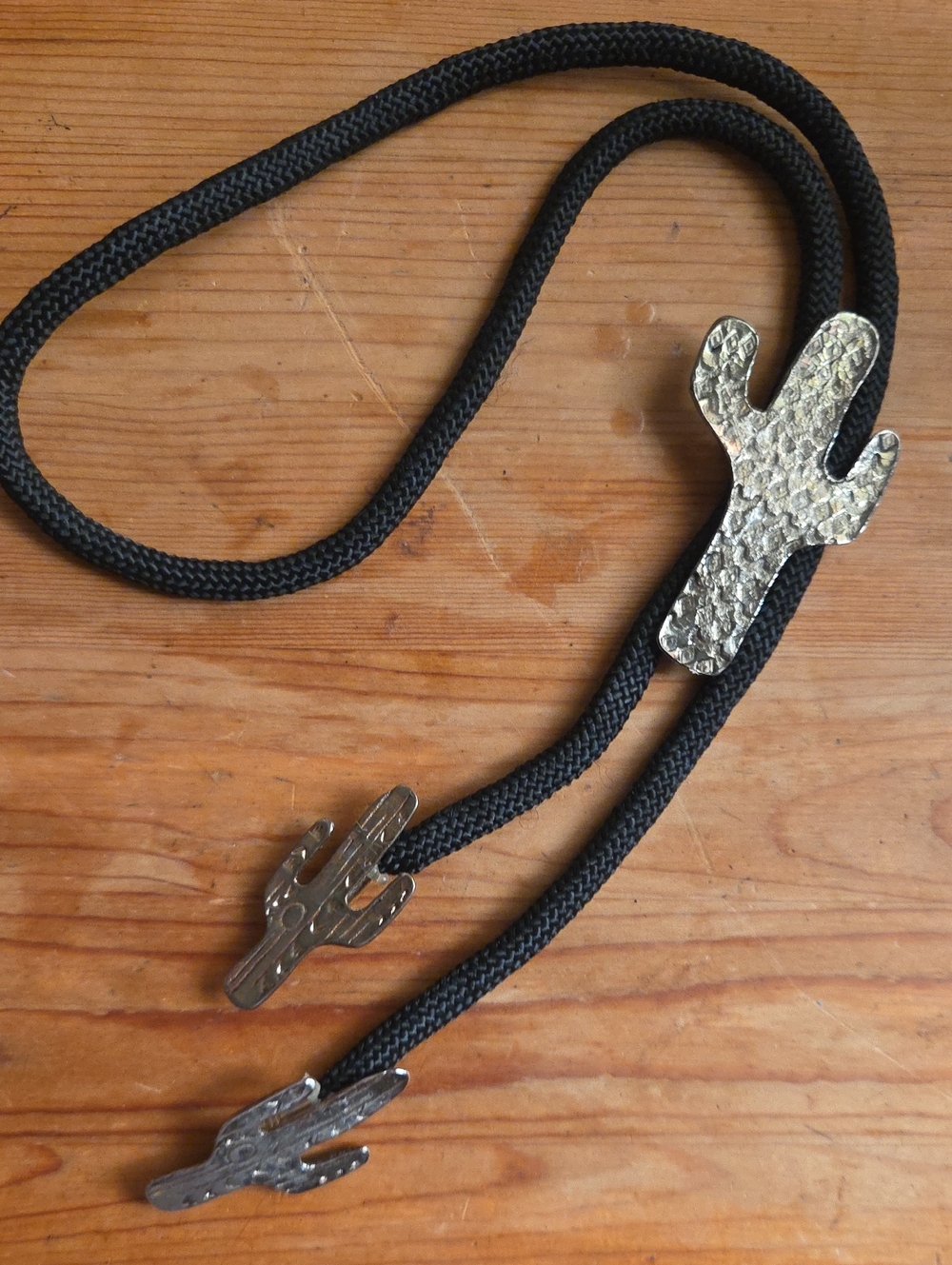 Southwestern Vintage Bolo Tie with Silver Cactus Accents on Black Nylon Cord